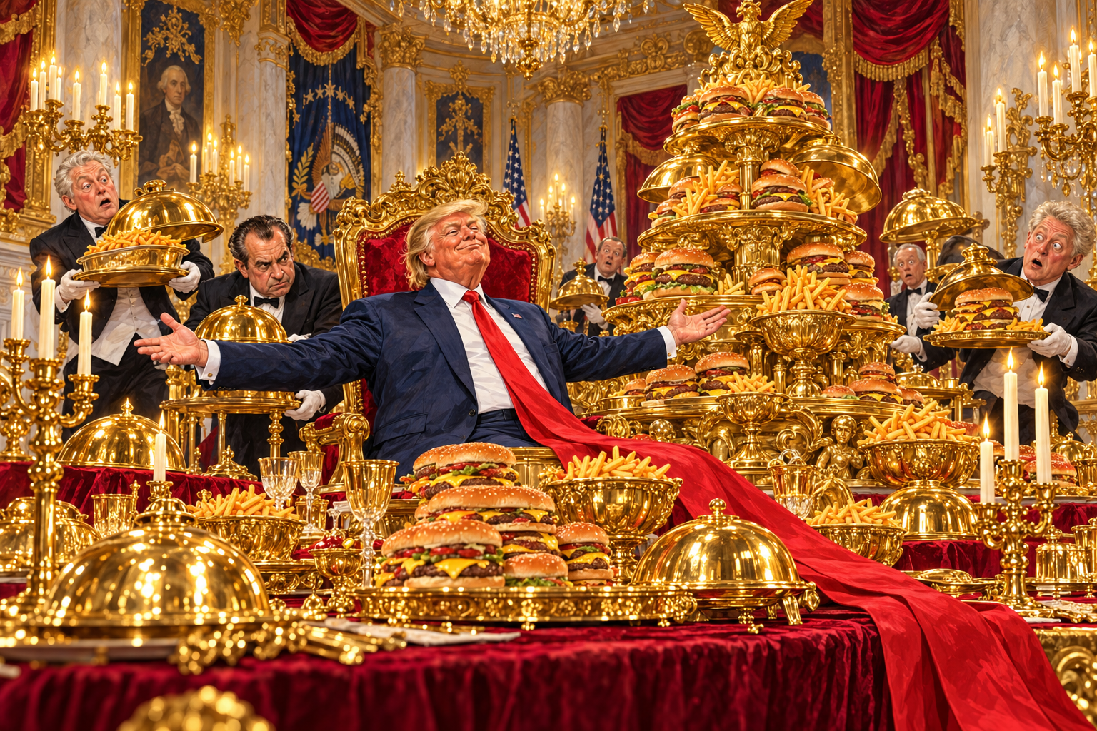 Original satire: Trump presides over an absurdly opulent golden burger banquet.