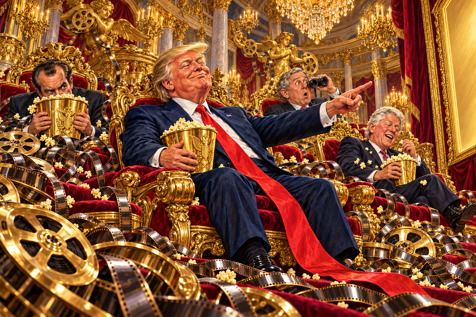 Fictional caricature of presidents in a lavish gold cinema with popcorn and tangled film reels.