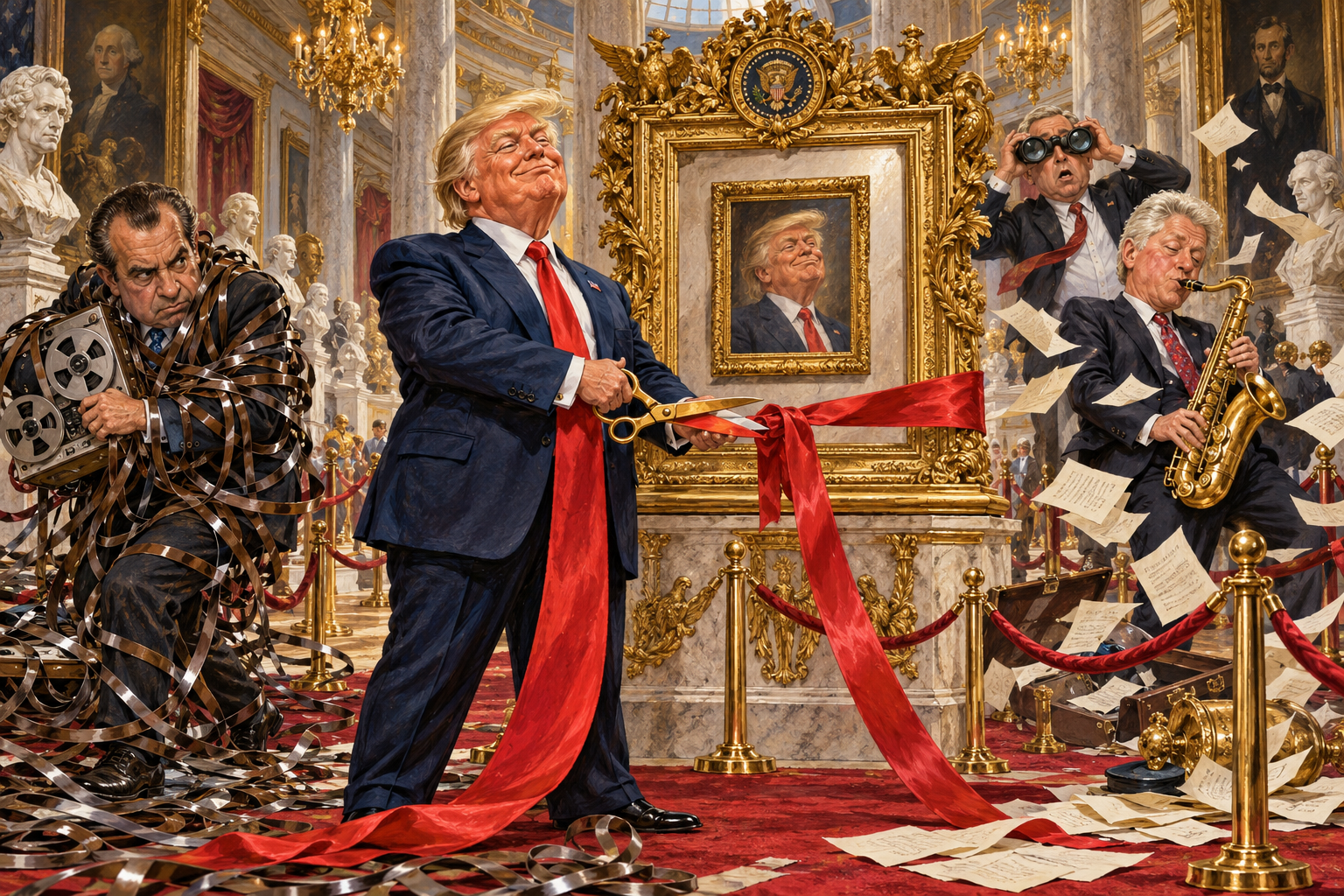 Satirical painted museum scene featuring Trump admiring his own portrait, Nixon tangled in tapes, Clinton playing saxophone, and Bush with binoculars.